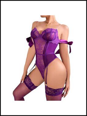 Lace Bodysuit Teddy Lingerie Set Mesh Stockings Deep V Backless